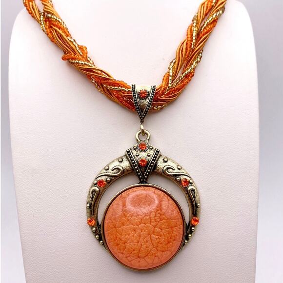 Beautiful Orange Combo of Beaded Necklace and Enamel Bracelet - Picture 3 of 7